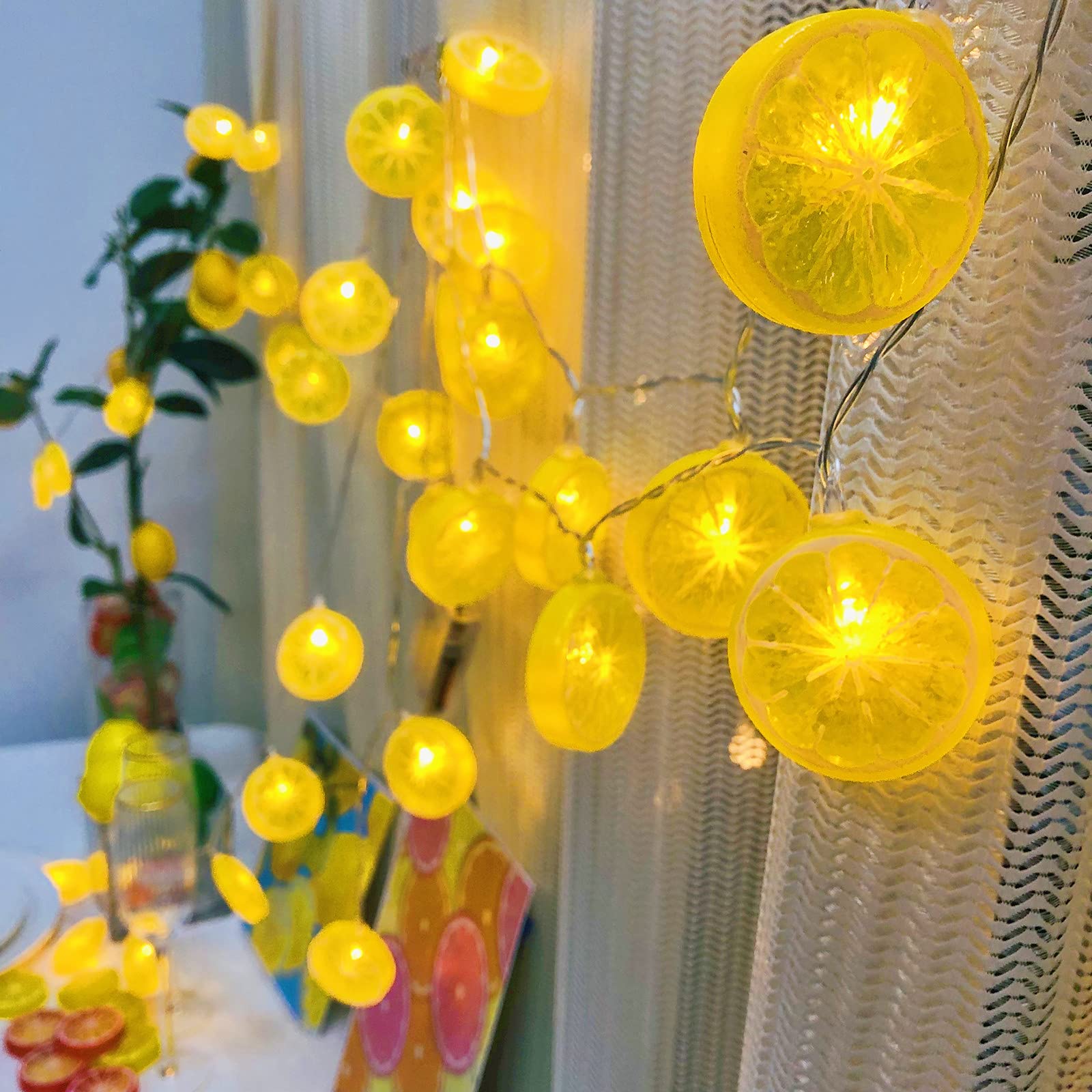 Riaxuebiy Lemon Slice Decor Lights Lemon Green Leaf Vine Fairy Lights 3M 20LED USB Powered Fruit Garland Lamp for Kitchen Patio Fence Camping Holiday Party Summer Decoration (Yellow Lemon)