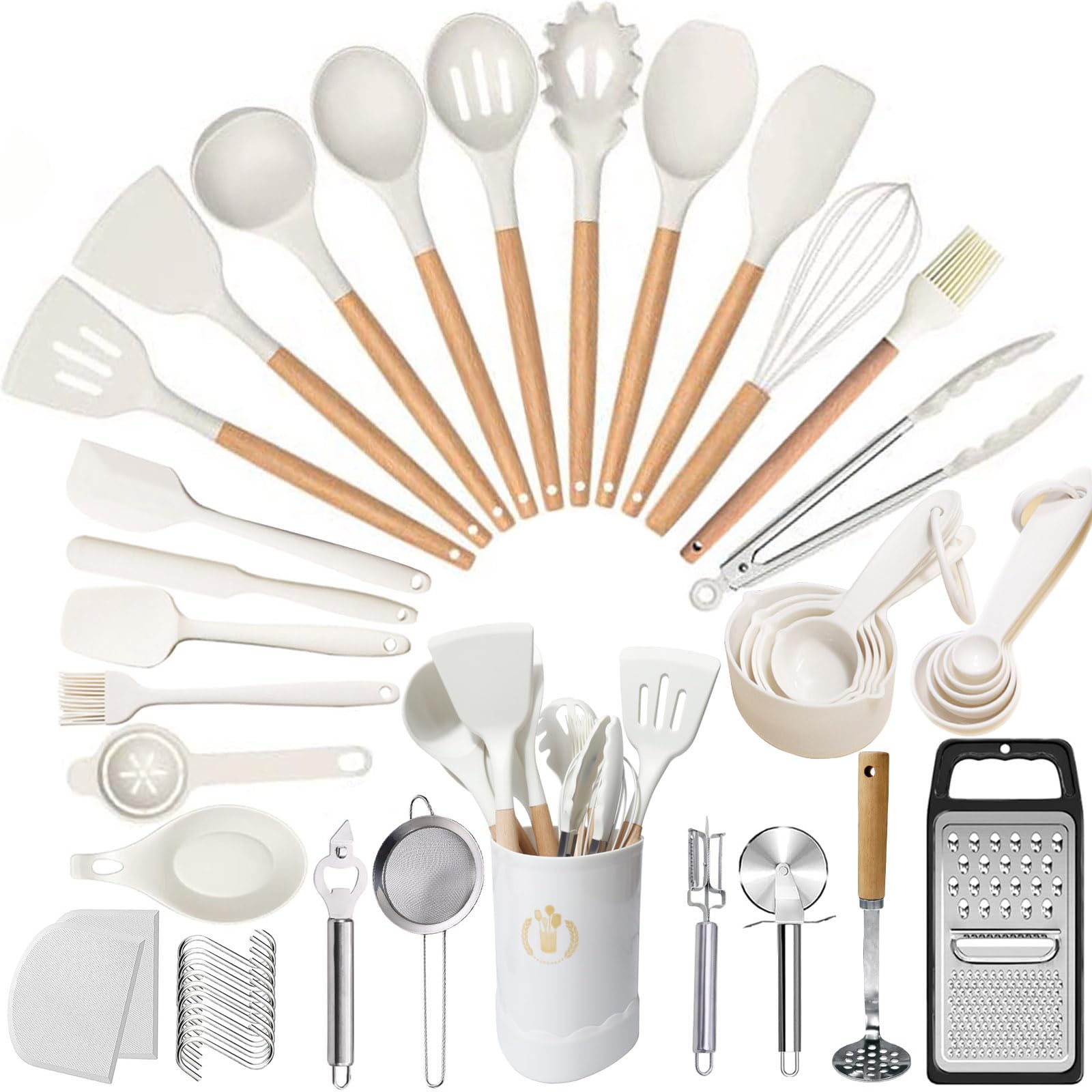 UXIYI Silicone Kitchen Utensils Set, 46pcs Cooking Utensil Set, Silicone Spatula Set with Holder for Cooking Nonstick Heat Resistant Kitchen Gadgets, White