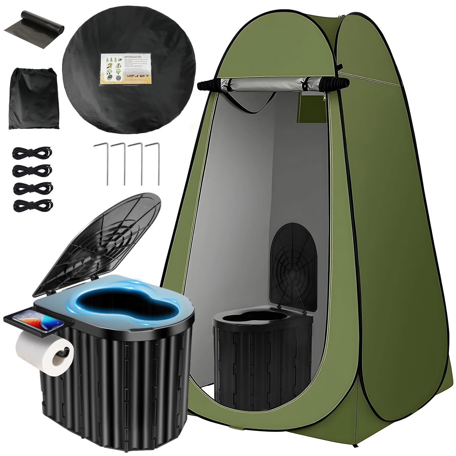 Photo 1 of ***MISSING TOILET**** Clirass Camping Toilet with Pop Up Privacy Tent,Portable Outdoor Folding Potty,Shower Tent Dressing Room with Carry Bag for RV Travel,Truck,Beach,Fishing (Black Toilet and Green Tent)