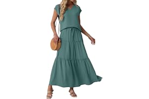 Lepunuo 2 Piece Skirt Sets for Women Flowy Maxi Skirts Cap Sleeve Tops Matching Sets Travel Vacation Outfits with Pockets