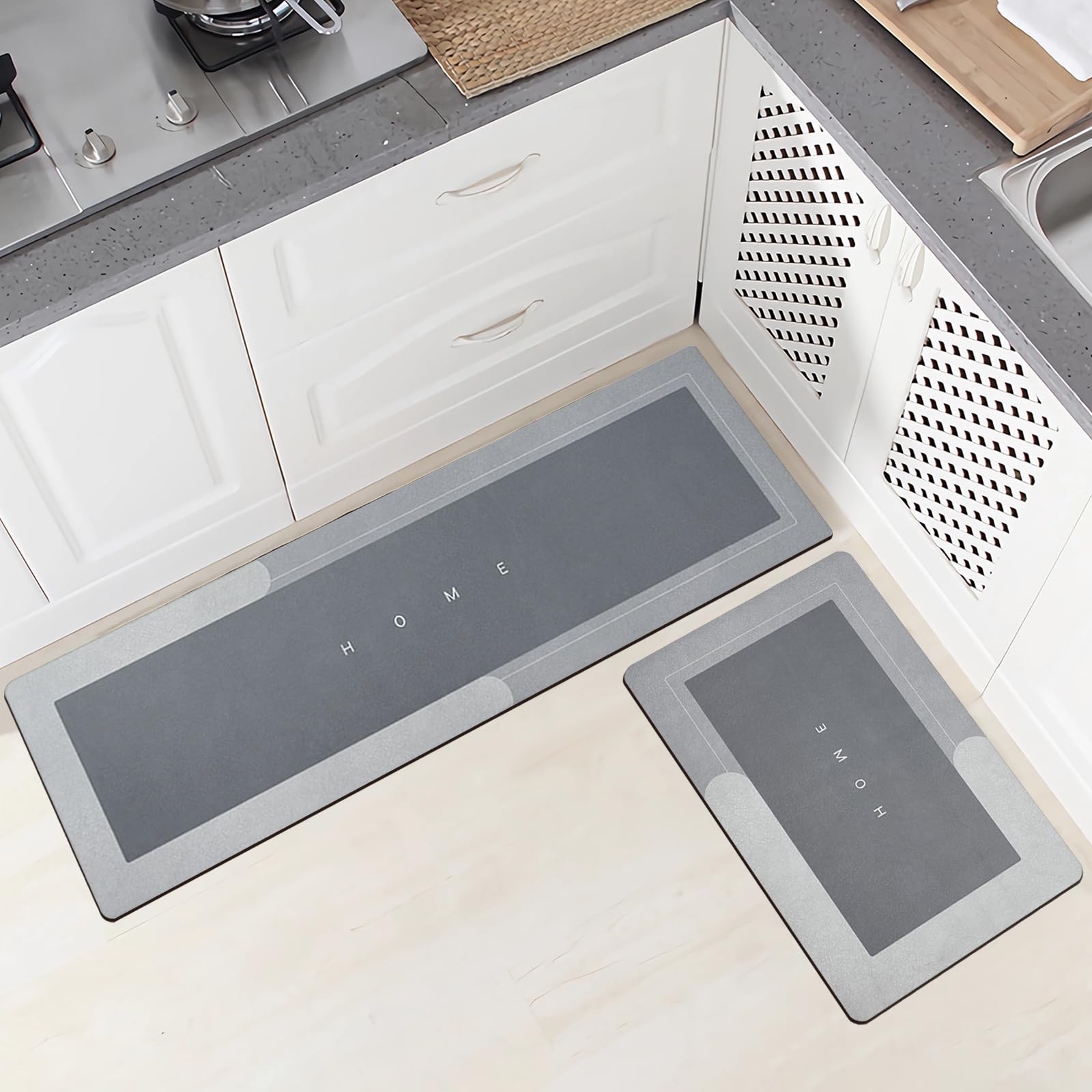 Topzywlc Kitchen Mat Set Non Slip Anti Mould, 2Pcs Quick Dry Magic Home Floor Mat Set, For Bathroom, Bedroom, Kitchen, Toilet, Door, Washing Table (Rectangular Light Gray, 45 * 70cm + 45 * 150cm)