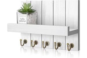 Rebee Vision Key Holder for Wall - Decorative Mail Organizer Wall Mount with 5 Key Hooks for Modern Farmhouse Apartment Essentials - Home Decor for Living Room (Rustic White)