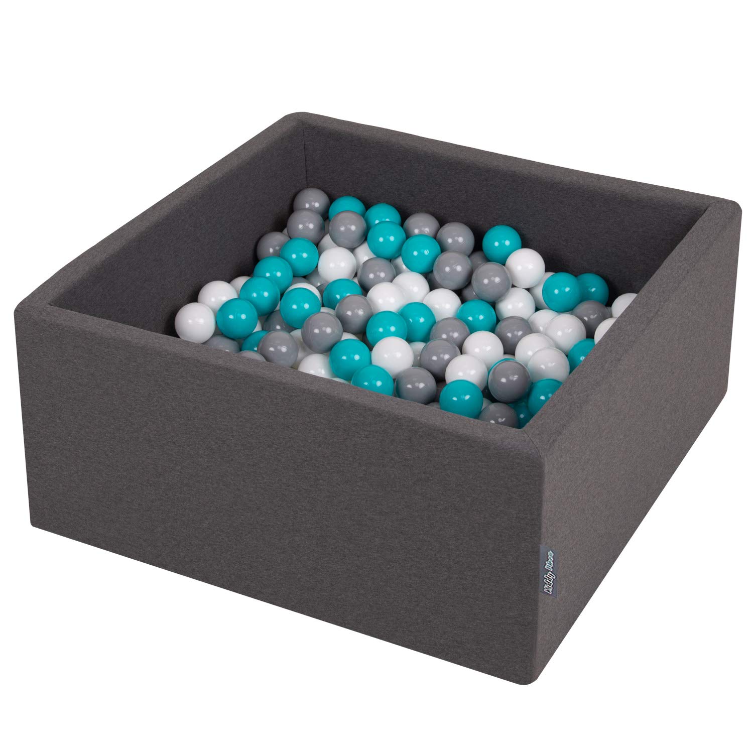 KiddyMoon 90 x 40 cm / 200 Balls Diameter 7 cm Square Ball Pit Baby Play Bath with Colourful Balls Made in EU Dark Grey/White/Turquoise