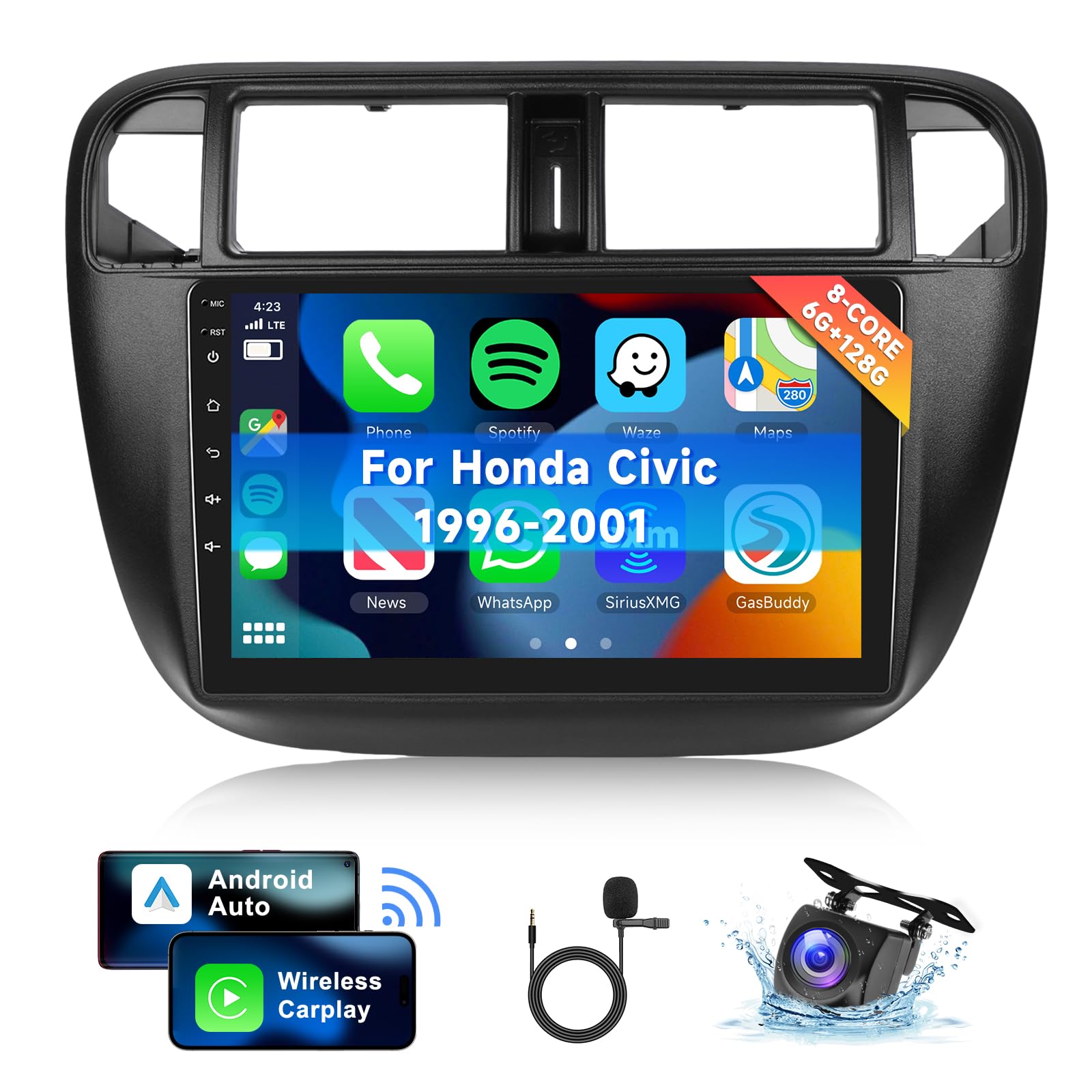 Photo 1 of [8 CORE 6G+128G] Car Radio for Honda Civic 1996-2001 with Wireless Carplay/Android Auto, 9 Inch Android 13 IPS Touch Screen Car Stereo, Bluetooth, GPS Navi, WiFi, SWC, DSP + Backup Camera
