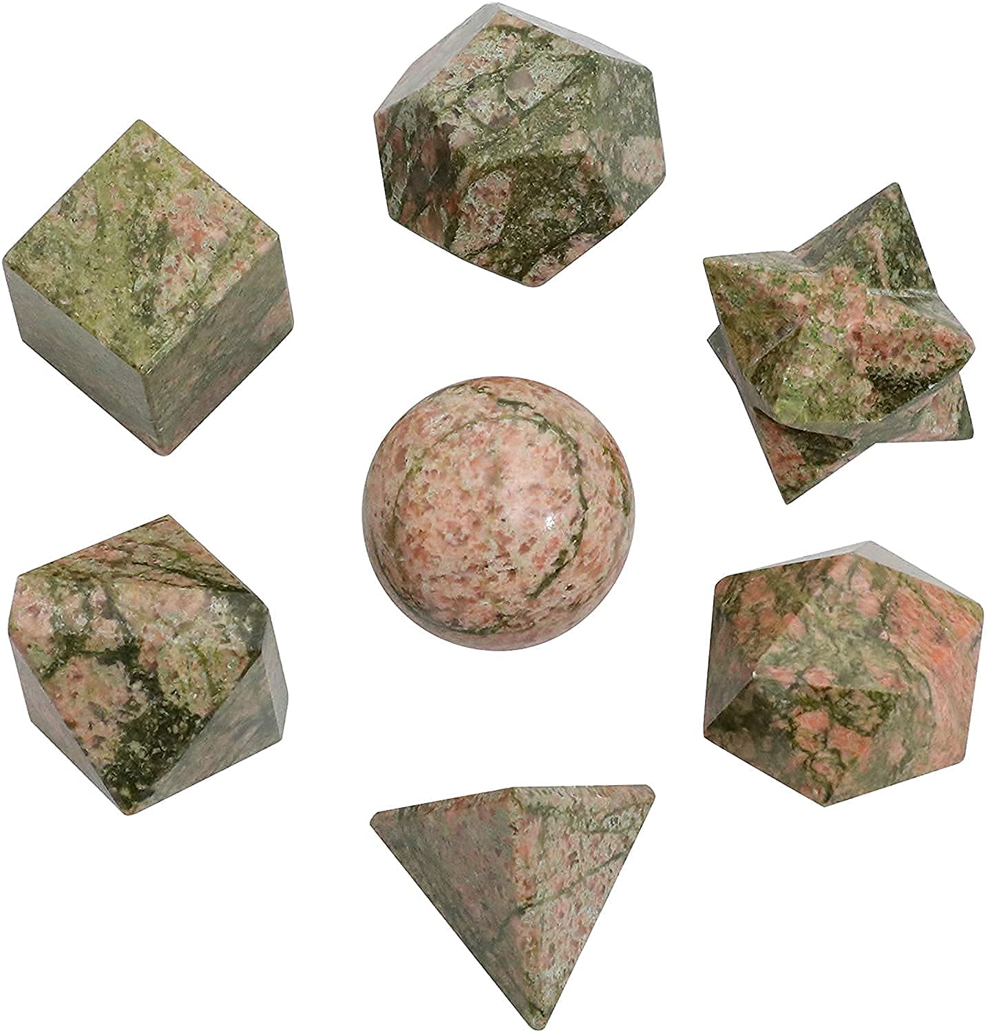Crocon® Unakite 7Pcs platonic solids crystal geometry set, Platonic Solids Sacred Geometric stones for Meditation Reiki Balancing Healing Chakra Stone Cleansing Spiritual Good Luck (15-20 mm)