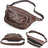Top Grain Genuine Leather Slim Fanny Pack for Man & Woman, Vintage Design & 5 Pockets & Adjustable Strap, Fully Handmade, Large Capacity Waist Pack Crossbody Belt Bag for Travel or Ride, Red Coffee