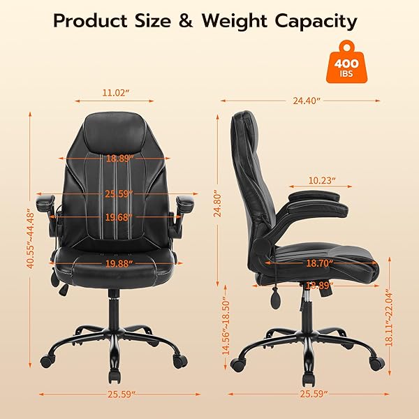 OFFICE DESK CHAIR, ERGONOMIC COMPUTER CHAIR WITH PADDED FLIP-UP ARMS AND ADJUSTABLE LUMBAR SUPPORT, PU LEATHER EXECUTIVE CHAIR WITH TILT LOCK AND 360° SWIVEL ROLLING WHEELS FOR WORK, STUDY