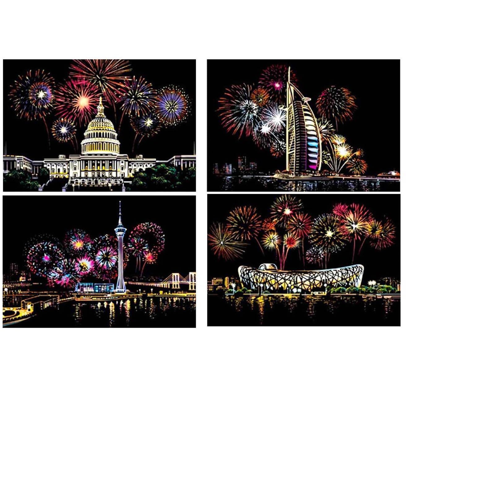 jiuhao Scratch Art for Adults Kids,Engraving Art Etch Art Scraper Foil Art Paper Holographic Painting Pictures for Adults Kids,Creative Gift Set for Children,Friends,Family(Fireworks)