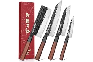 HEZHEN Kitchen Knife Set 4PCS, Clad Steel Chef Knife Nakiri Forged Steel Santoku, Wooden Octagonal Handle