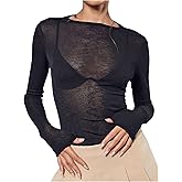 RoseSeek Women's Sheer Mesh Long Sleeve T Shirts Boat Neck Slim Fit Tee Tops Going Out See Through Shirts