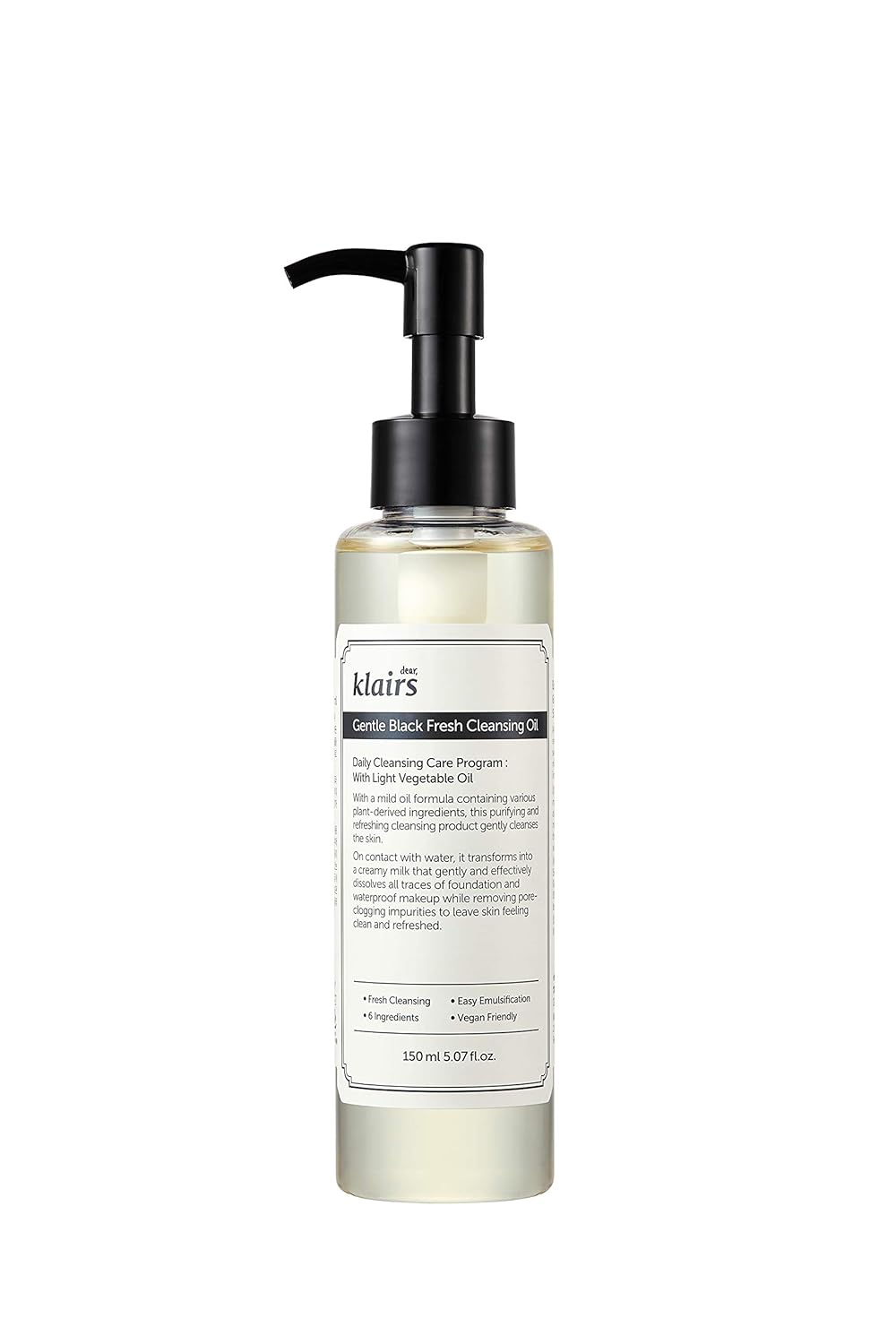 [DearKlairs] Gentle Black Fresh Cleansing Oil, 5.07 Fl Oz, a light and spreadable texture, only 6 ingredients