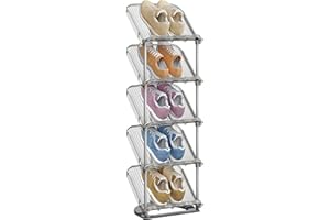 SONGMICS 5-Tier Slim Sloping Shoe Rack, Plastic Shoe Organiser, 24.5 x 28.4 x 102.5 cm, Customizable, Easy Assembly, Space Sa