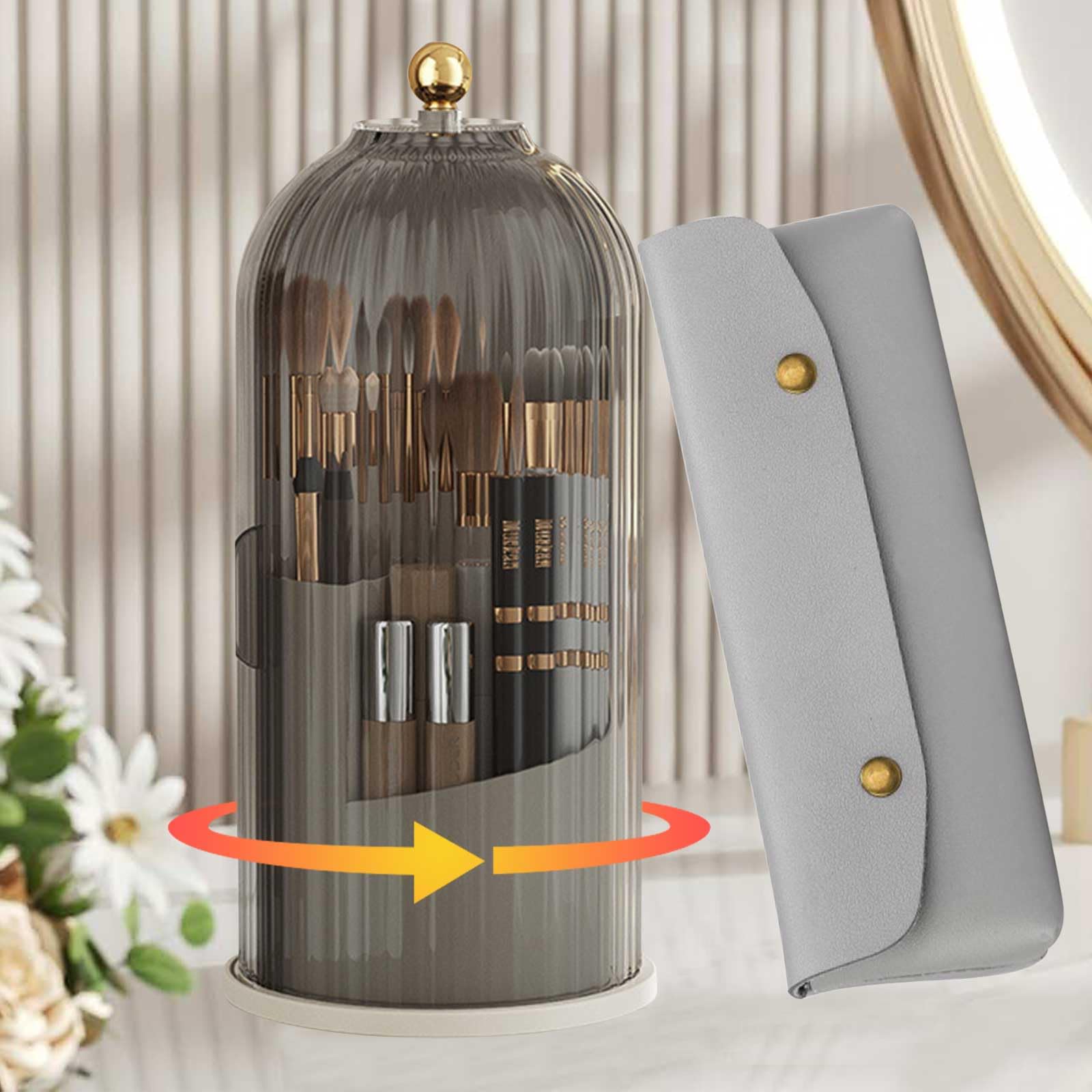 Makeup Brush Holder, 360 Rotating Cosmetics Organiser with Dustproof Lid, Acrylic Spinning Makeup Brushes Organizer Case for Lipstick Eyeliner, Cosmetic Storage Box for Vanity and Bathroom (Black)