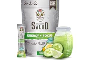 TASTE SALUD Salud 2-in-1 Energy Drink Powder + Focus, Cucumber Lime, Organic Caffeine, B6 + B12, Theanine, Clean Energy Drink Packets, Agua Fresca Mix, Non-GMO, Gluten Free, Vegan, 1g of Sugar, (15 Servings)