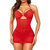 RSLOVE Women’s Lingerie Mesh Babydoll Dress - Pleated Chemise Nightgown with Adjustable Halter Neck & Chain Detail