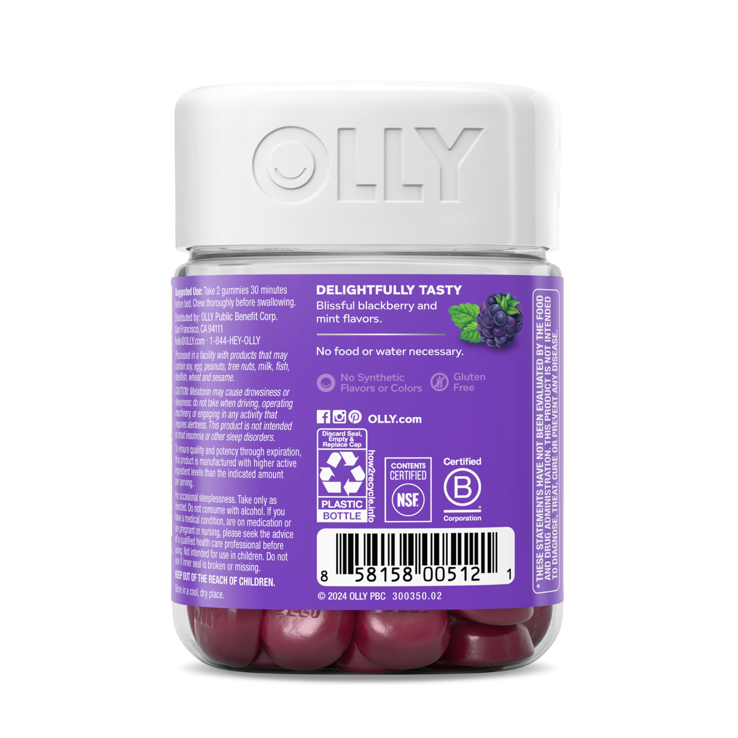 OLLY Restful Sleep Gummy Supplement with Melatonin & L-Theanine Chamomile, Blackberry Zen, 50 Gummies (25 Day Supply) Supports a Healthy Sleep Cycle* (Packaging May Vary)