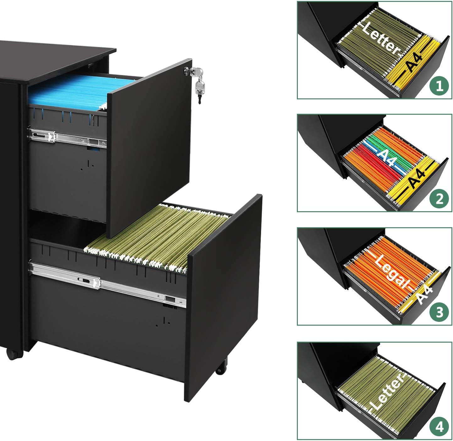 DEVAISE 2 Drawer Mobile File Cabinet with Lock, Metal Filing Cabinet for Legal/Letter/A4 Size, Fully Assembled Except Wheels, Black: Kitchen & Dining