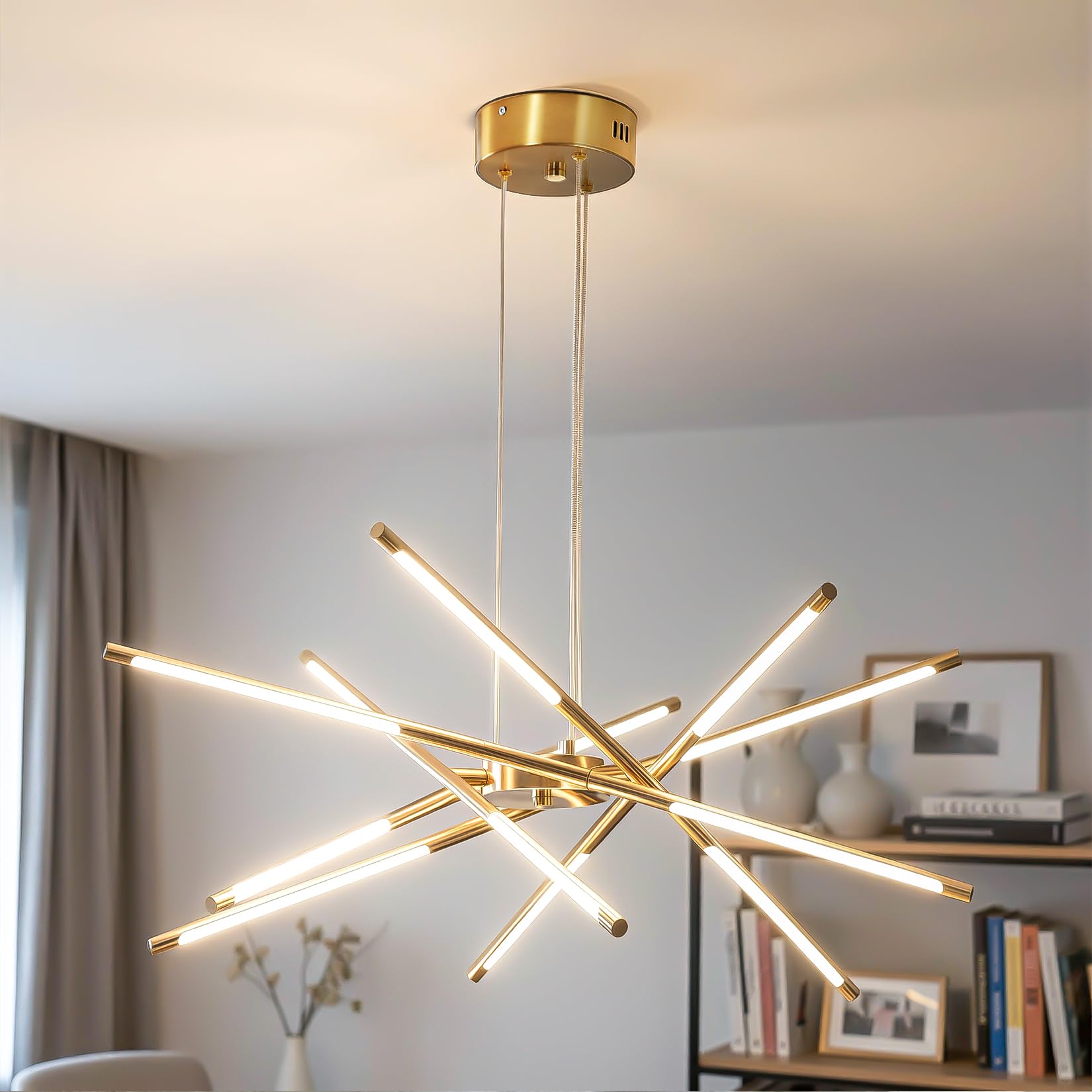 Photo 1 of Fang Yan Mei Modern Gold Chandelier, 12-Light LED Linear Pendant Light Fixture, Dimmable Gold Chandeliers for Dining Room, Living Room, Bedroom, Kitchen Island