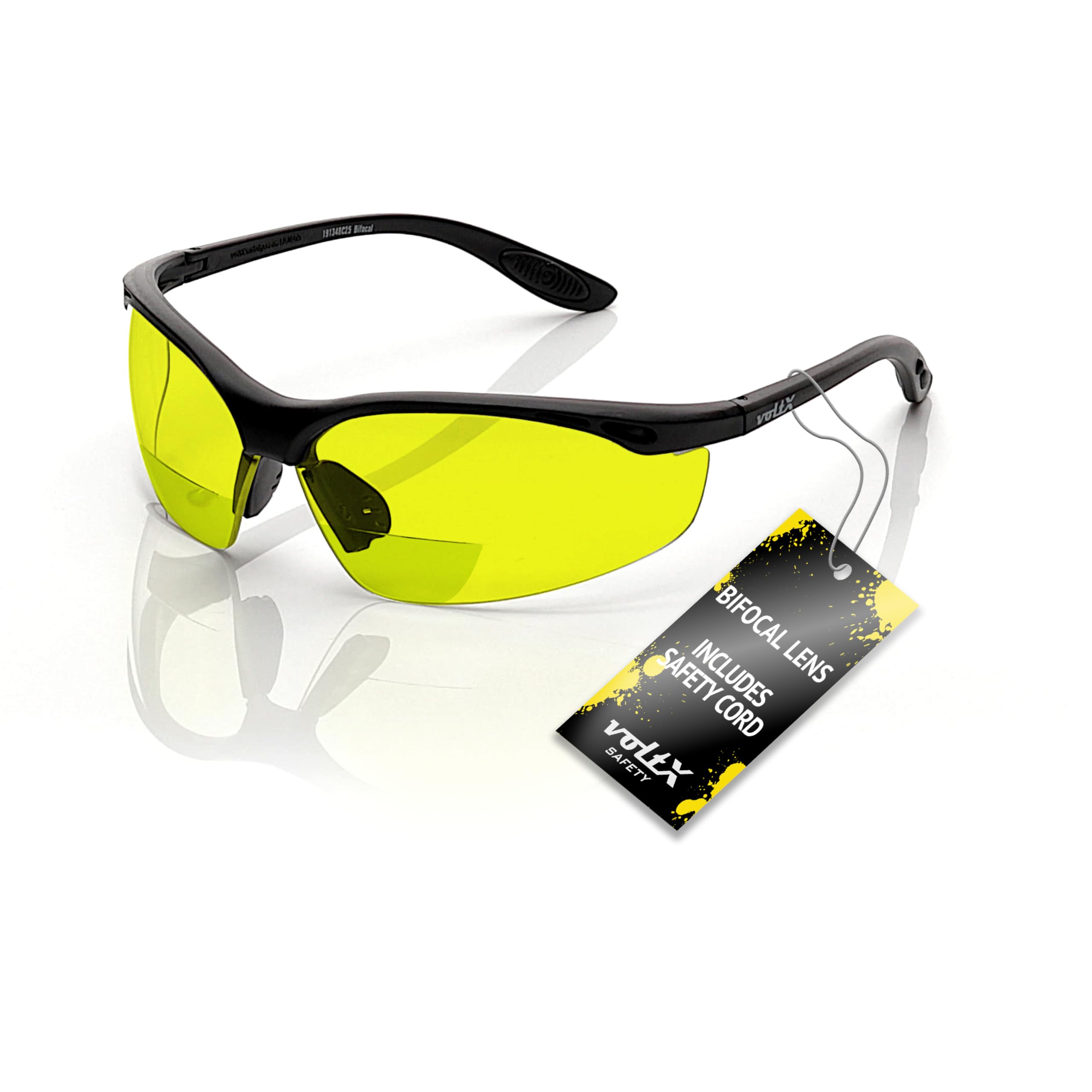 voltX 'CONSTRUCTOR' Bifocal Safety Glasses (Yellow +2.5 Dioptre) UKCA & CE EN166F certified, UV400 Anti-Fog Lens, Cycling Sports, With Safety Cord