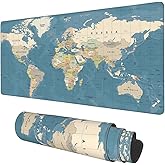 Desk Mat, Blue Vintage World Map Extended Gaming Mouse Pad Large, 35.4"x15.7" Big Mouse Pad with Non-Slip Base and Stitched Edge, Long Computer Keyboard Mouse Mat for Home Office Work