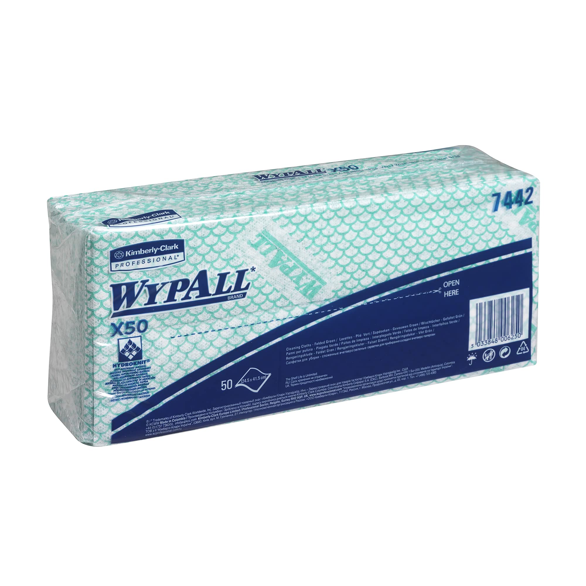 WypAll X50 Colour Coded Cleaning Cloths 7442 - Green Wiping Cloths - 1 Pack x 50 Interfolded Colour Coded Cloths