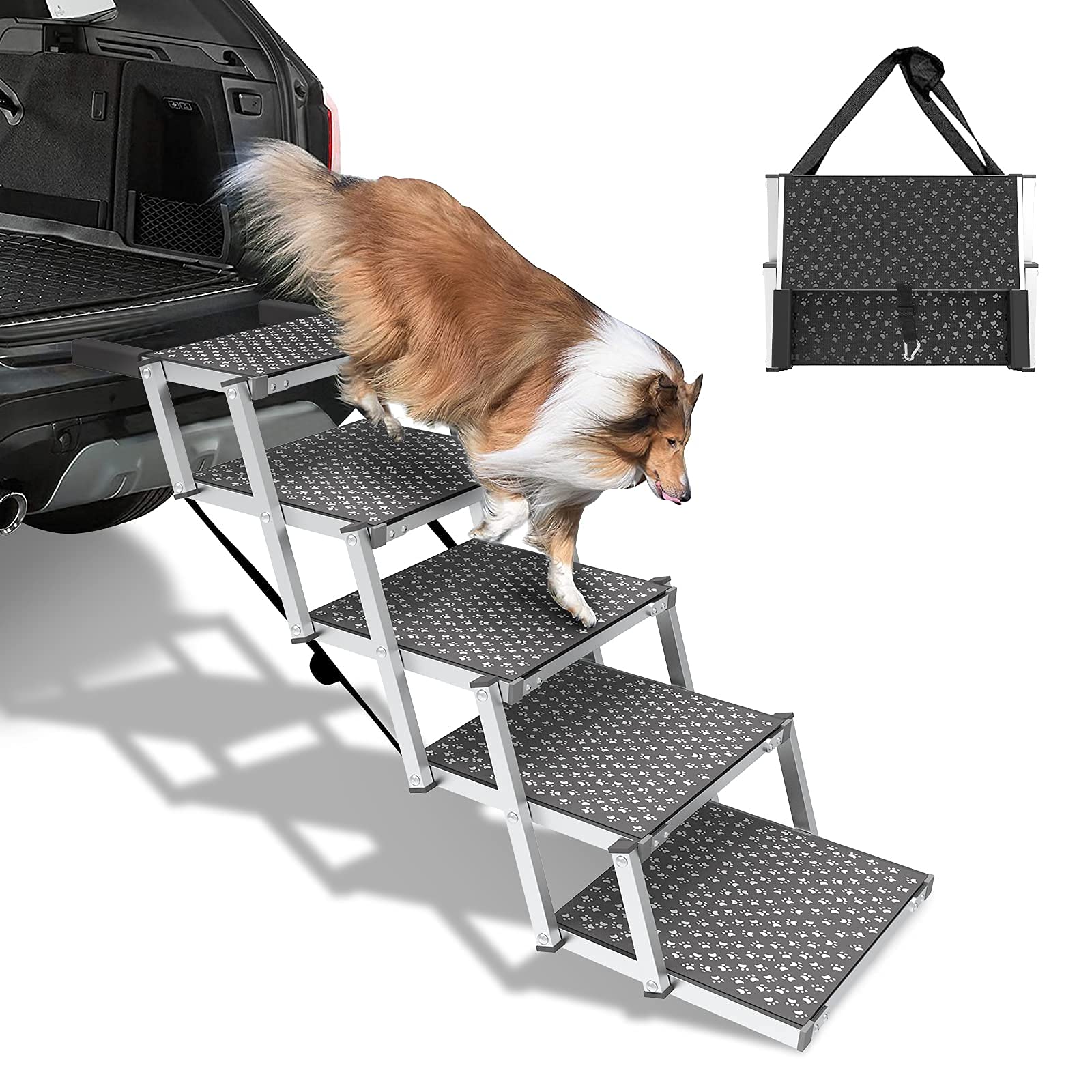 SEEZSSA® Dog Ramp, Upgraded 5 Steps Stairs for Medium and Large Dogs, Portable Folding Pet Ramp, Aluminum Telescoping Steps for Cars, Trucks, Non-Slip Lightweight Ladder