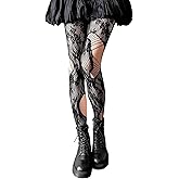Amazleer Women's Black Rose Pattern Hollow Fishnet Pantyhose Tights Stockings, Grunge Punk Hollow Out Design Tights