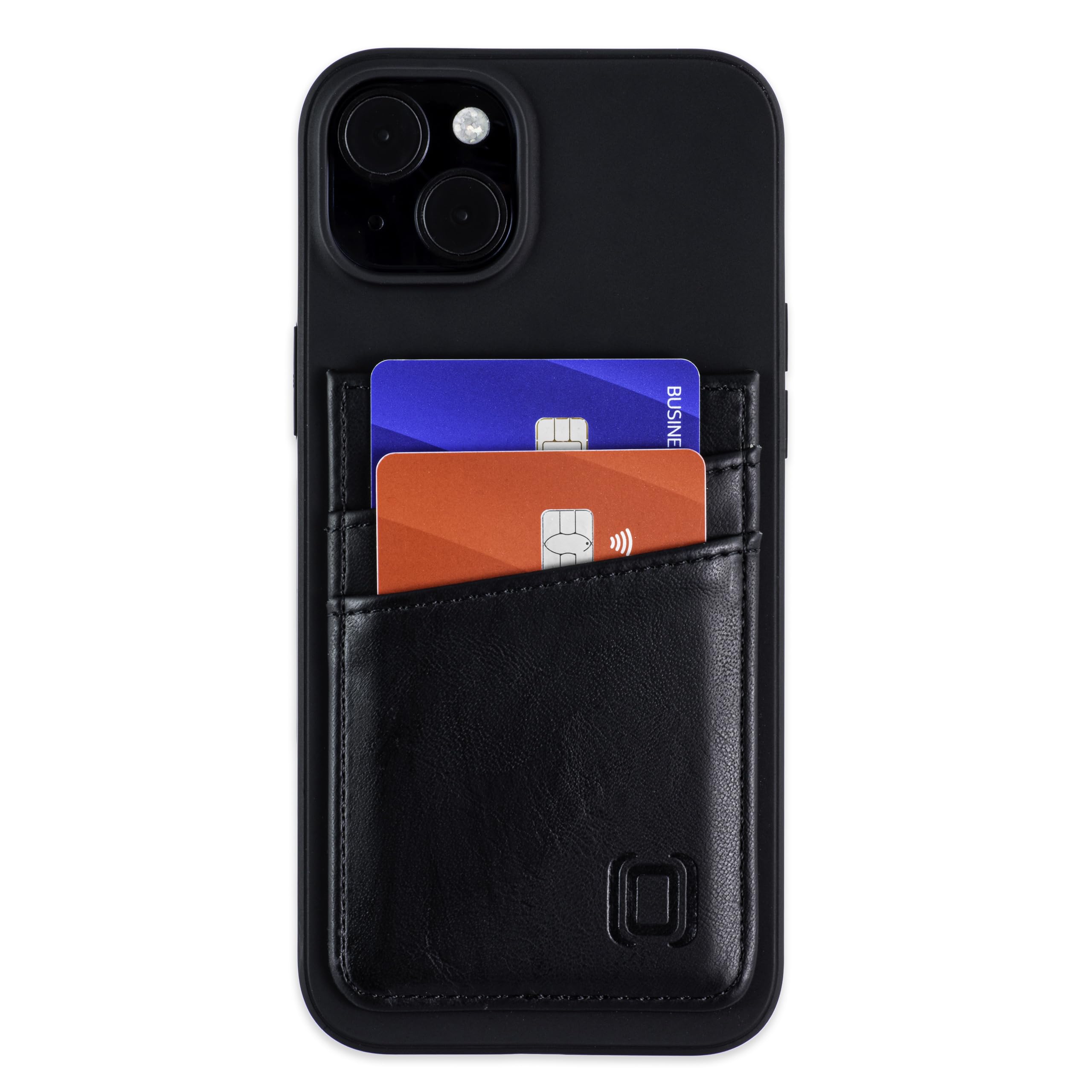 Dockem Card Case for iPhone 15 Plus with Recycled TPU Shell & 2 Stitched-on Card Slots, Recycled Synthetic Leather Wallet (N2R, Black)