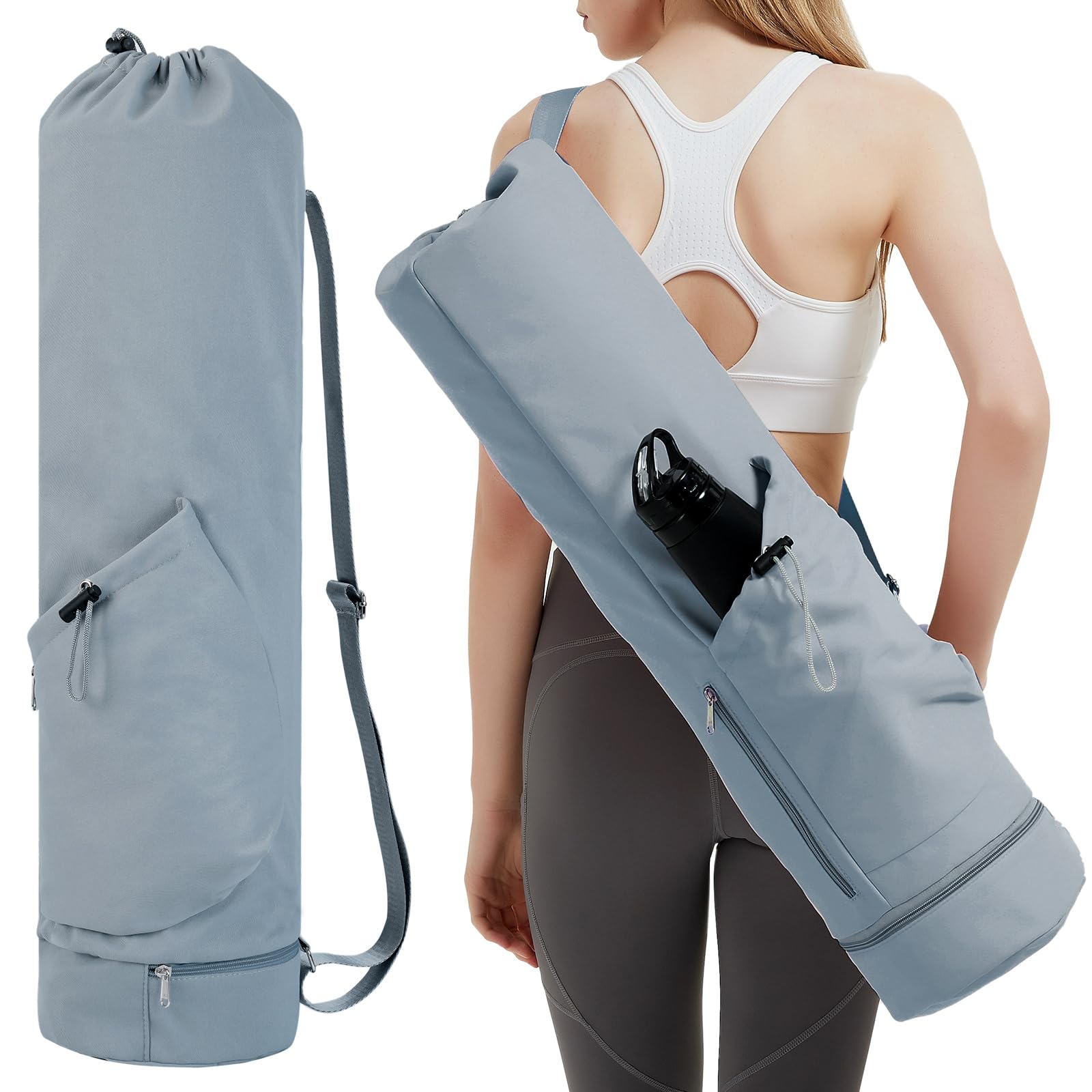 sportsnew Yoga Mat Bag Large with Adjustable Carry Strap Pilates Bag with Bottle Pocket and Wet Compartment, Greyish Blue (Patent Pending)