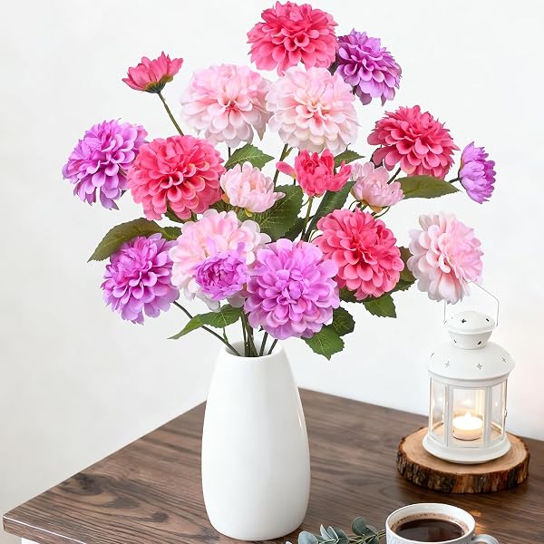 INXUGAO ARTIFICIAL FLOWERS FOR VASE,6 BUNCHES FAKE 27.5“ LONG STEMS SILK POMPON DAHLIA FOR INDOOR OUTDOORS HOME DECOR, FRONT DOOR PORCHES YARD PATIO GARDEN PLANTERS – [2 PURPLE + 2 ROSE RED + 2 PINK]
