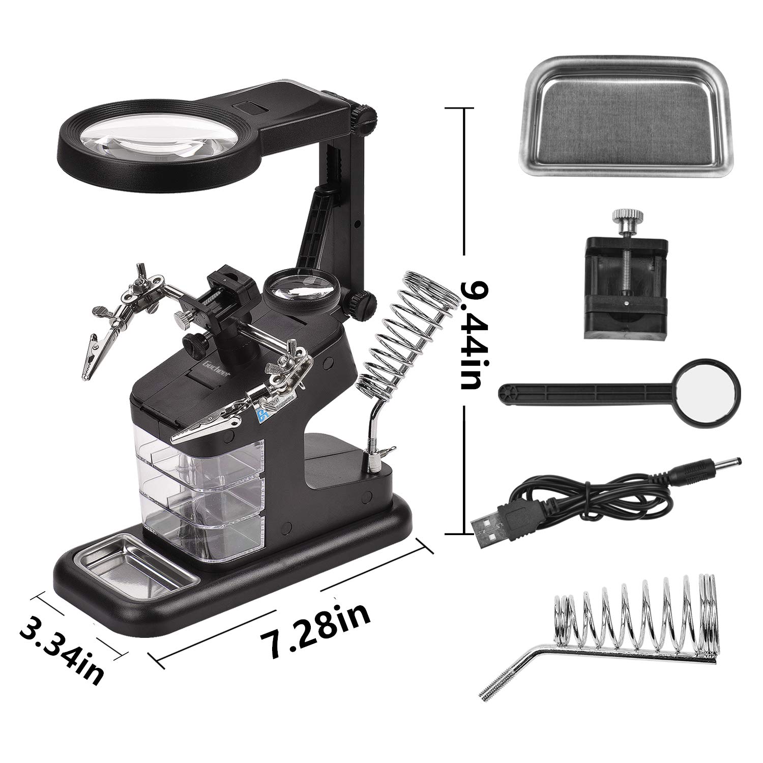 Gocheer Lupa de soldadura multifuncional 3X / 4,5X / 25X Lupa de manos con ayuda de luz LED con pinza y pinzas de cocodrilo-Lupa para soldadura, ensamblaje, reparación y modelado，lupa lectura