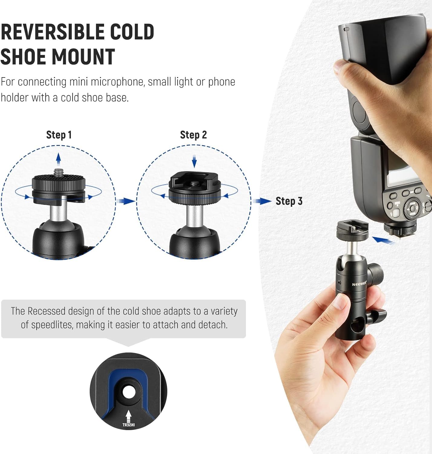 NEEWER Light Stand Mount Adapter with Cold Shoe and 1/4” Screw Mini Ball Head, Reversible Mounting Plate for Camera Monitor Ring Light, Fits Flat Head Light Stand/Boom arm/C Stand, Max. Load 22lb/10kg