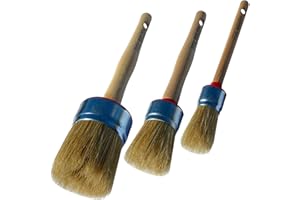 POL BRUSH Set of 3 2", 1.5", 1" Stencil & Wax European Professional Round Paint Brushes - Natural Bristle Wooden Handle - for Chalk, Wax, Acrylic, Oil, Stain, Varnish - for Art, Decor, Walls, Furniture, Woods