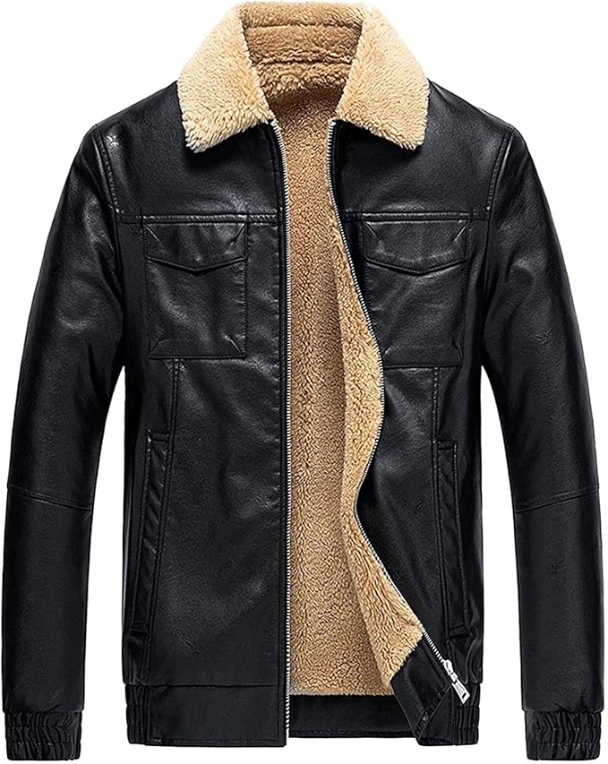 Men's Leather Fleece Jacket Mid Long Sleeve Pu Faux Motorcycle Coat