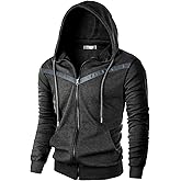 Ohoo Mens Slim Fit Long Sleeve Lightweight V-Shape Zip-up Hoodie with Kanga Pocket