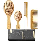 MRD Bamboo Hair Brush Set, 4-Piece Detangling Hairbrush and Comb Kit, Paddle Brush for Women Men Kids, All Hair Types-Gift Box