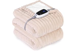 Sealy Electric Blanket Heated Throw, Soft Cozy Ribbed Flannel to Sherpa Reversible Safe Heating with 6 Heat Settings & 2-10 Hours Auto-Off Over-Heat Protection, Machine Washable, 50"x60" Beige