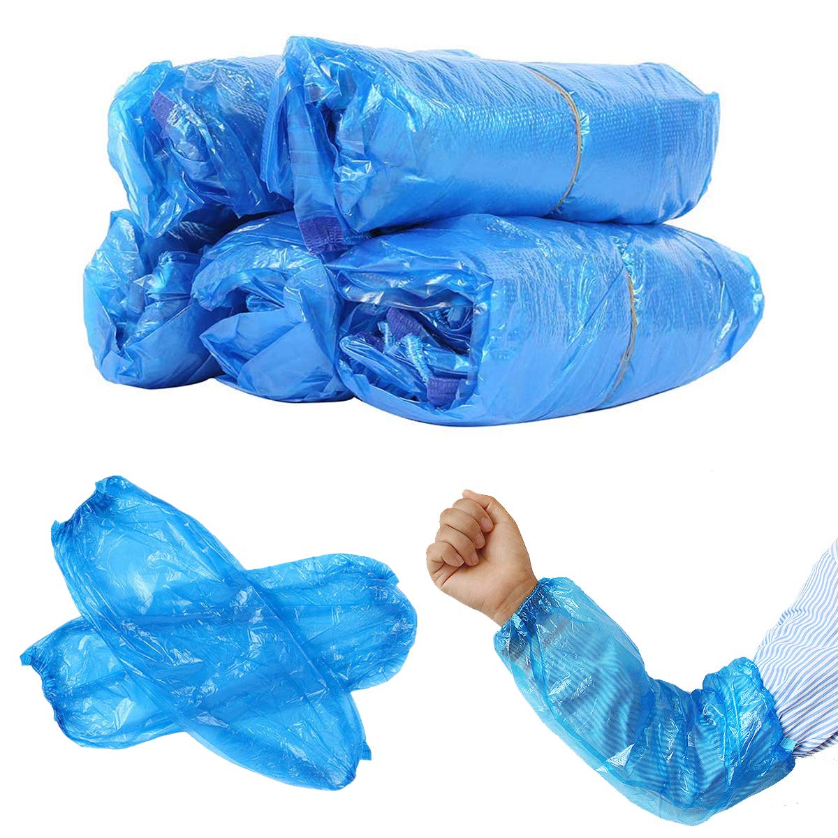 STGOOD Disposable PE Sleeves Covers, 100PCS Transparent Blue Waterproof Arm Protectors, 15.7 Inches