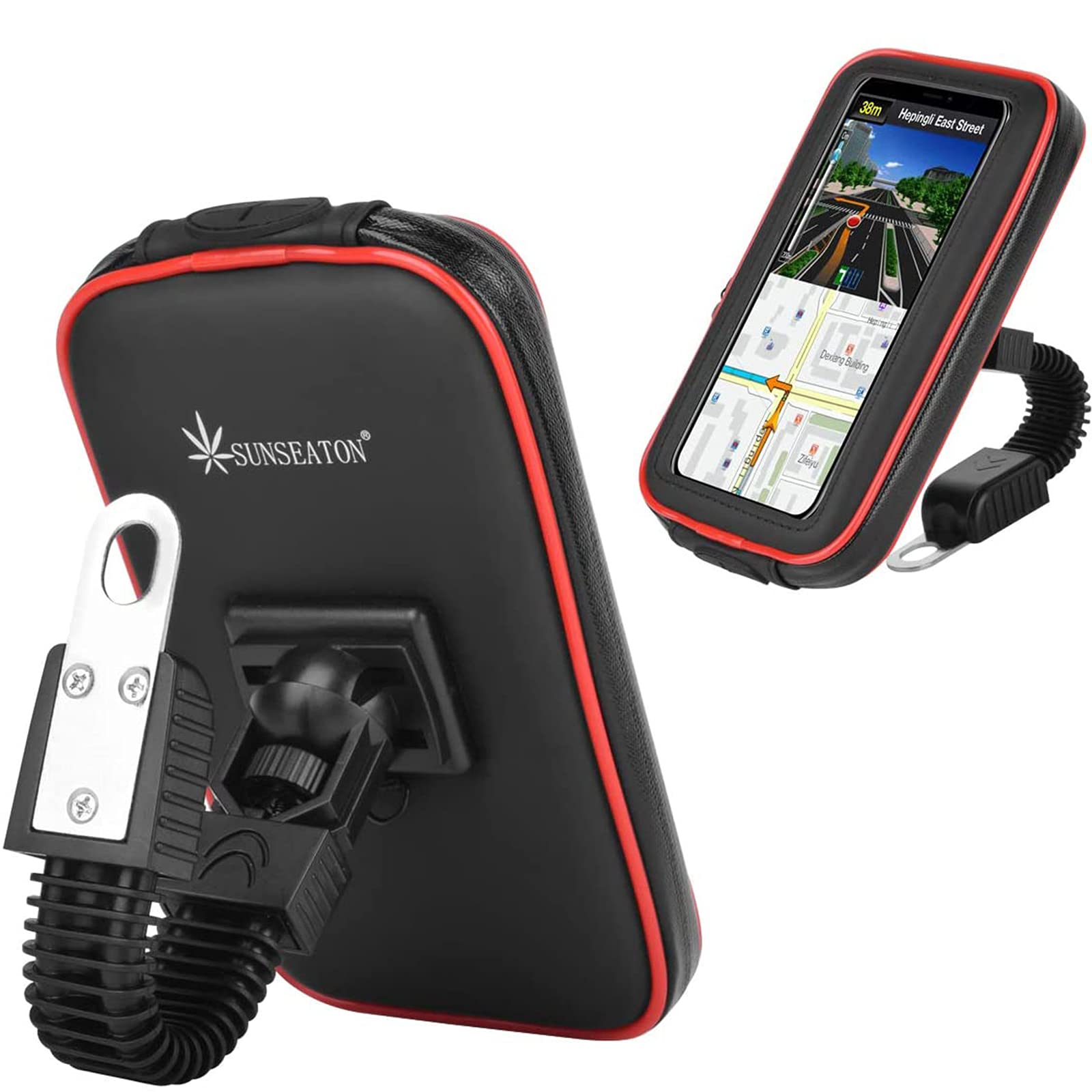 SUNSEATON 360-degree Rotating Waterproof Motorcycle Phone Support Holder, Motorbike Mount Case Stand Phone Holder, Universal Motorcycle Holder for Phones GPS Smaller than 6.2" (L, Red)