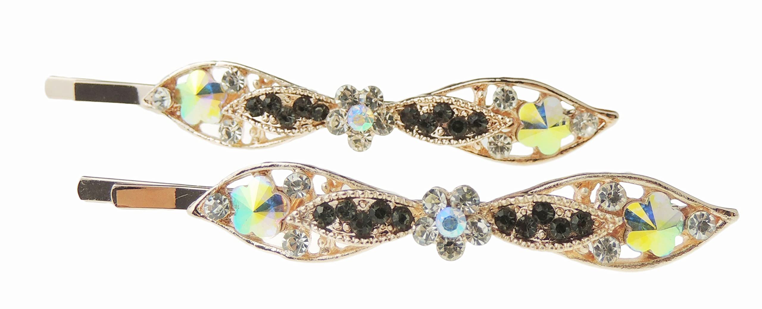 Ladies Sparkly Bow Crystal Diamante Bridal Wedding Hair Grips Pins (Gold Tone Grey)
