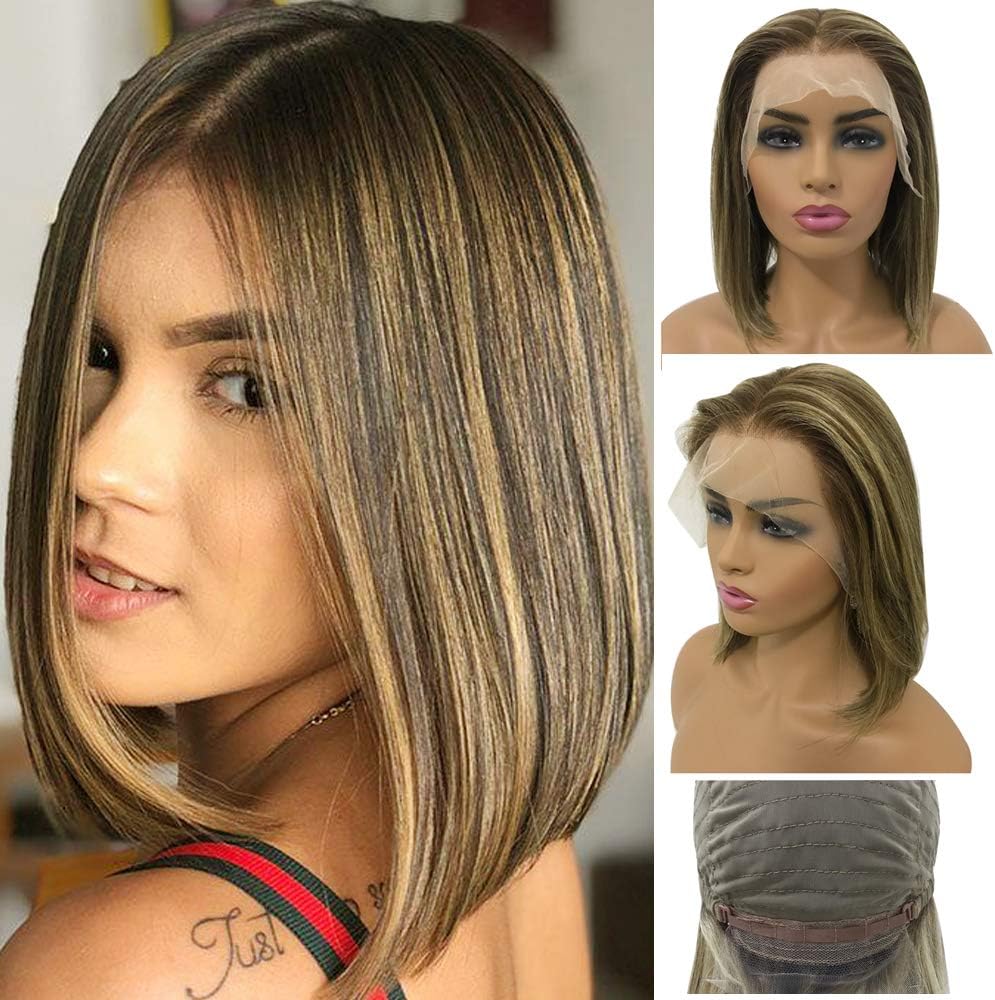 Ombre Highlighs Lace Front Bob Wigs Brown to Honey Blonde Balayage Human Hair Wigs 13x6 Deep Parting Glueless Lace Bob Wig for Women 10" 150% Density