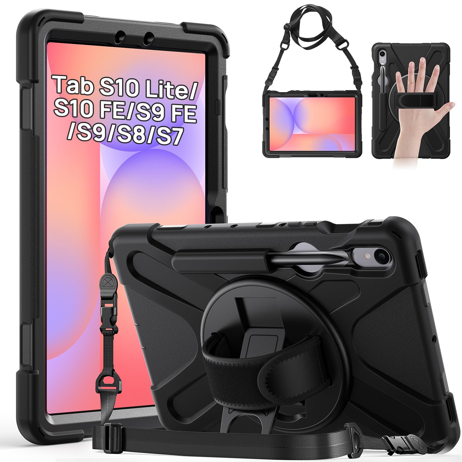 Gerutek Case for Samsung Galaxy Tab S10 Lite/S10 FE/S9 FE 10.9 Inch/Tab S9/S8/S7 11 Inch Tablet Case Shockproof, Heavy Duty Rugged with Pen Holder 360° Stand/Hand&Shoulder Strap Protective Case, Black