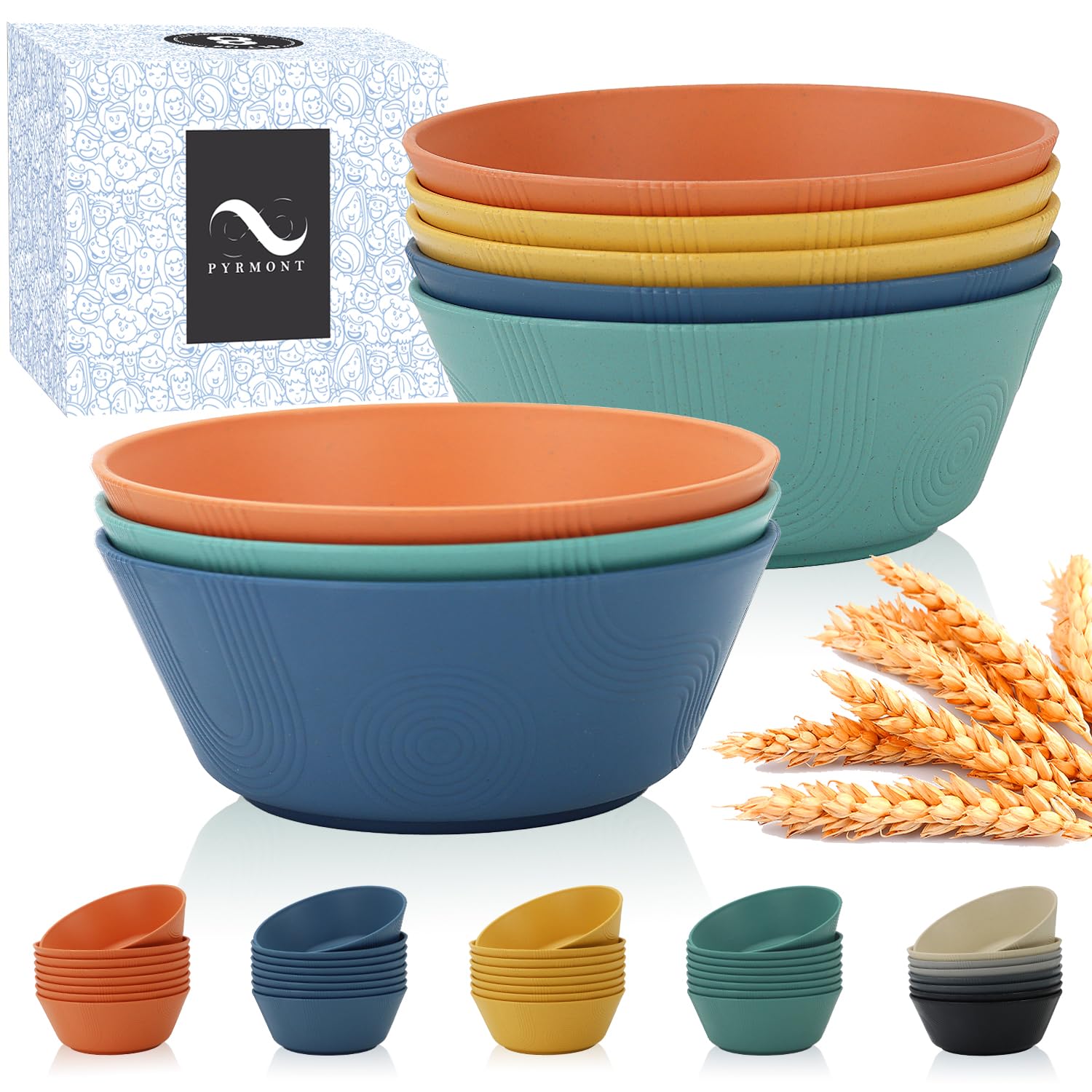 Photo 1 of PYRMONT 36 OZ Wheat Straw Bowls Set of 8 Large Cereal Bowls Reusable Soup Bowls Microwave & Dishwasher Safe Unbreakable Bowls Kitchen for Cereal,Salad, Rice,Noodles - Multi