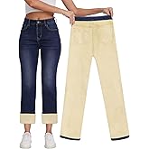 KDF Women's Fleece Lined Jeans Women High Waisted Straight Leg Jeans Winter Fleece Lined Jean Pants