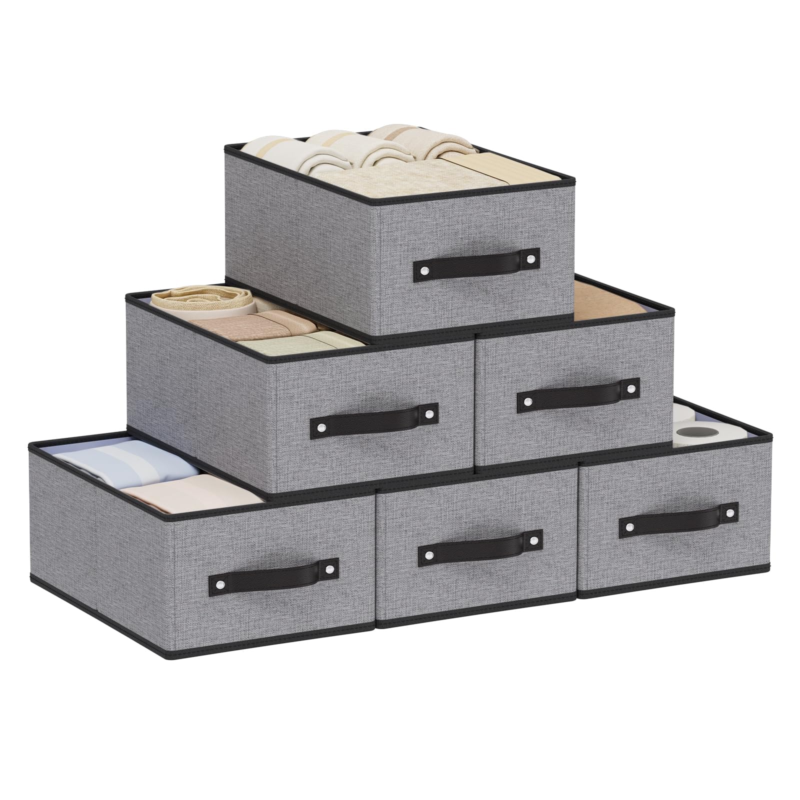 YheenLf Storage Bins, 6-Pack Open Foldable Baskets for Organizing with Handles, Fabric Clothes Boxes for Wardrobe, Closet, Grey, 33×23×14cm