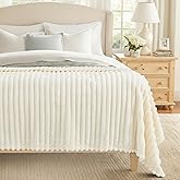 decorUhome Soft Fleece Cream White Blanket King Size for Bed, Cozy Fluffy Plush Flannel Large Striped Throws for Couch Sofa, Lightweight Decorative Fuzzy Blanket for Woman, 108x90 Inches
