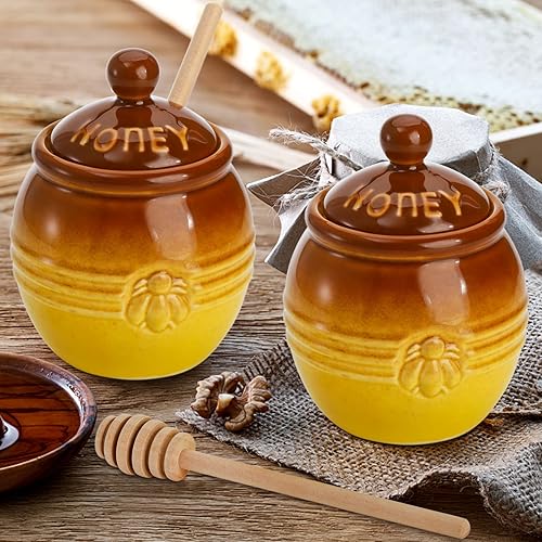 Hiceeden Pack Ceramic Honey Pot with Dipper and Lid, 12 Oz