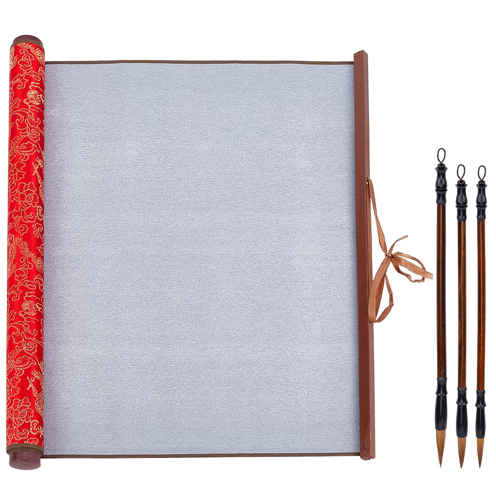 PH PandaHall 4pcs No Ink Chinese Calligraphy Practice Set Reusable Water Writing Cloth Scrolls Chinese Traditional Calligraphy Writing Brushes Pens for Beginners Professional Practice, 38.1x77.5cm