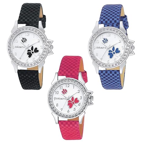 DAINTY W-001-002-003 Analogue White Dial Womens & Girls Combo of 3 Watch - Lui-Pnk~Blu~Blk