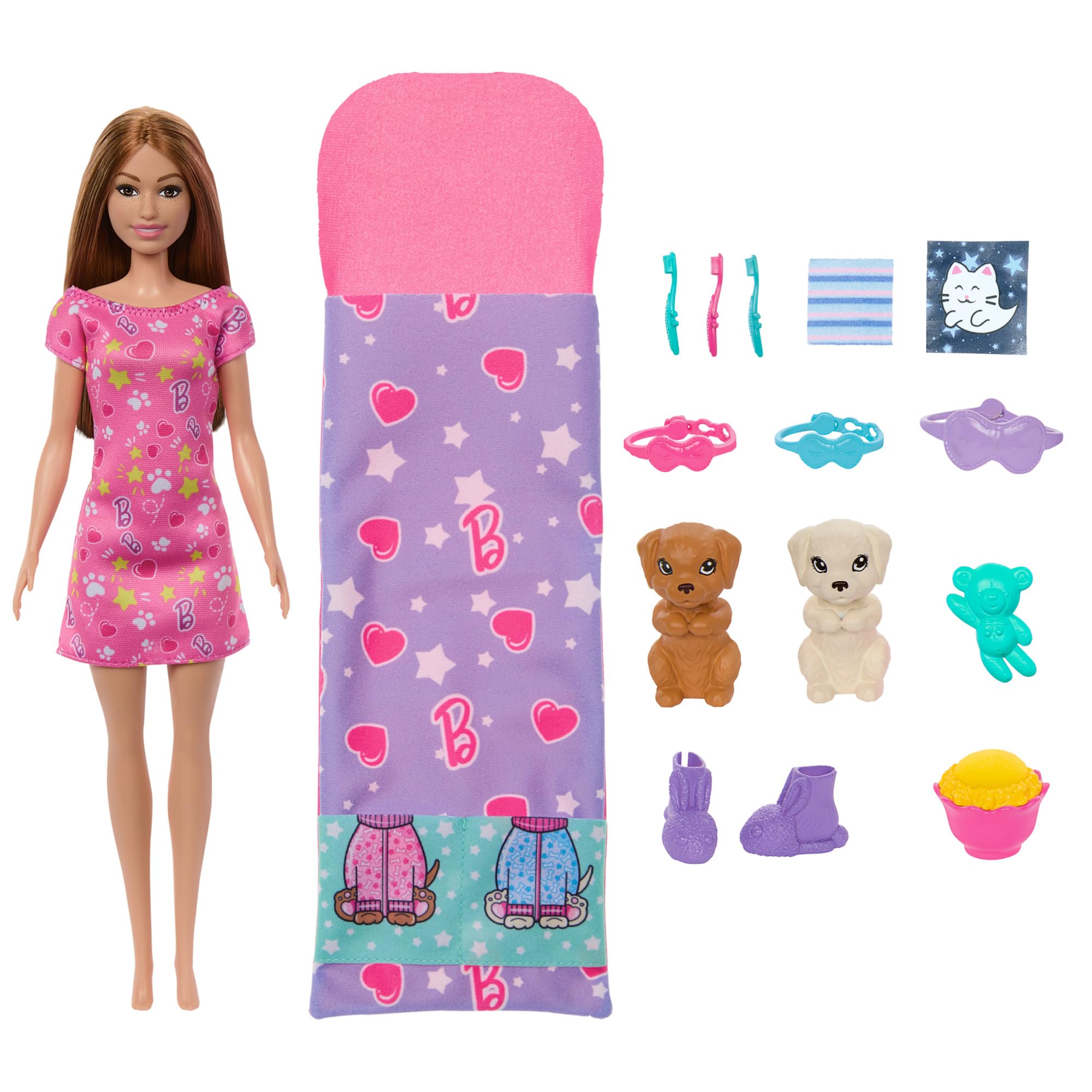 Barbie Doll & Playset with 2 Toy Dog Figures & 10+ Accessories, Puppy Slumber Party with Color-Change Feature, Sleeping Bag, Eye Masks & More, HXN01
